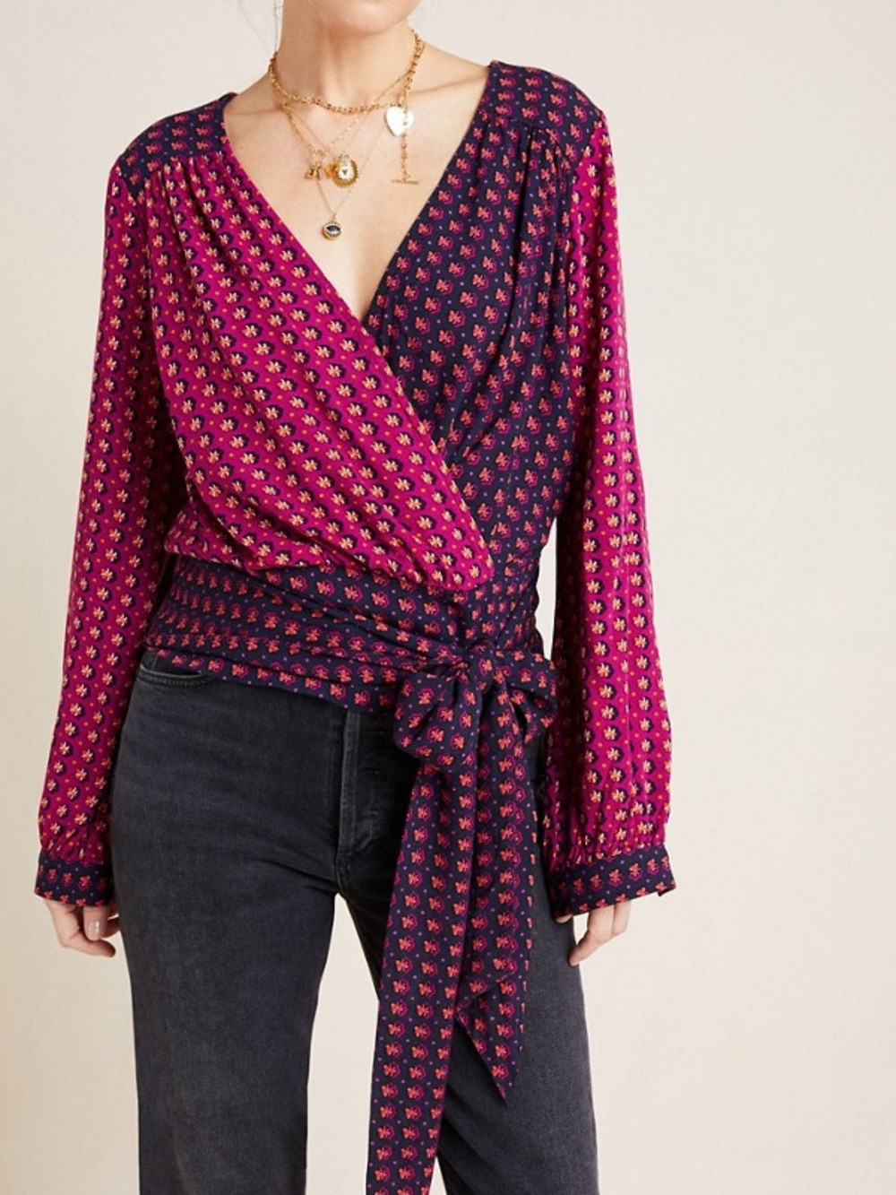 Maeve Anthropologie Lisa Puff Sleeve Faux Wrap Blouse Boho Burgundy Size 6
